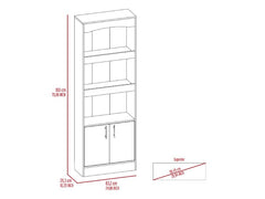 Dozza Bookcase, Three Shelves, Double Door Cabinet, Metal Hardware