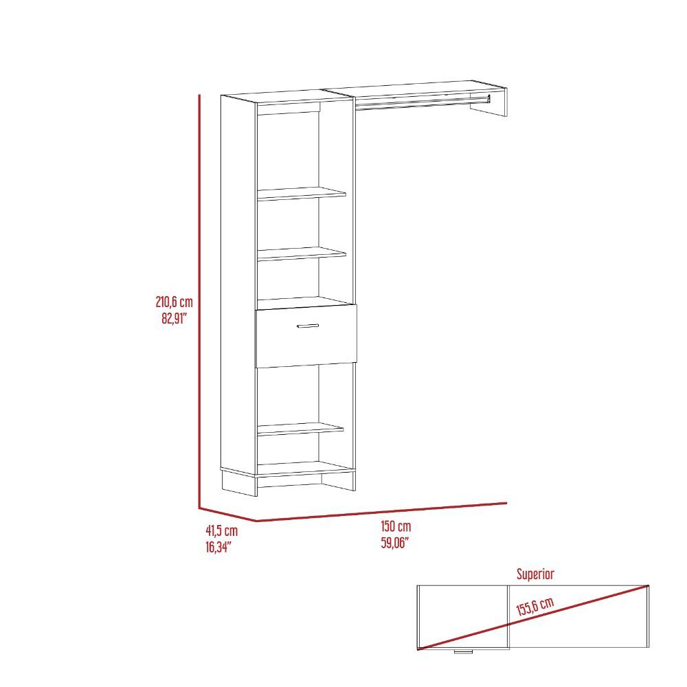 Dynamic Closet System, Five Open Shelves, One Drawer, One Metal Rod