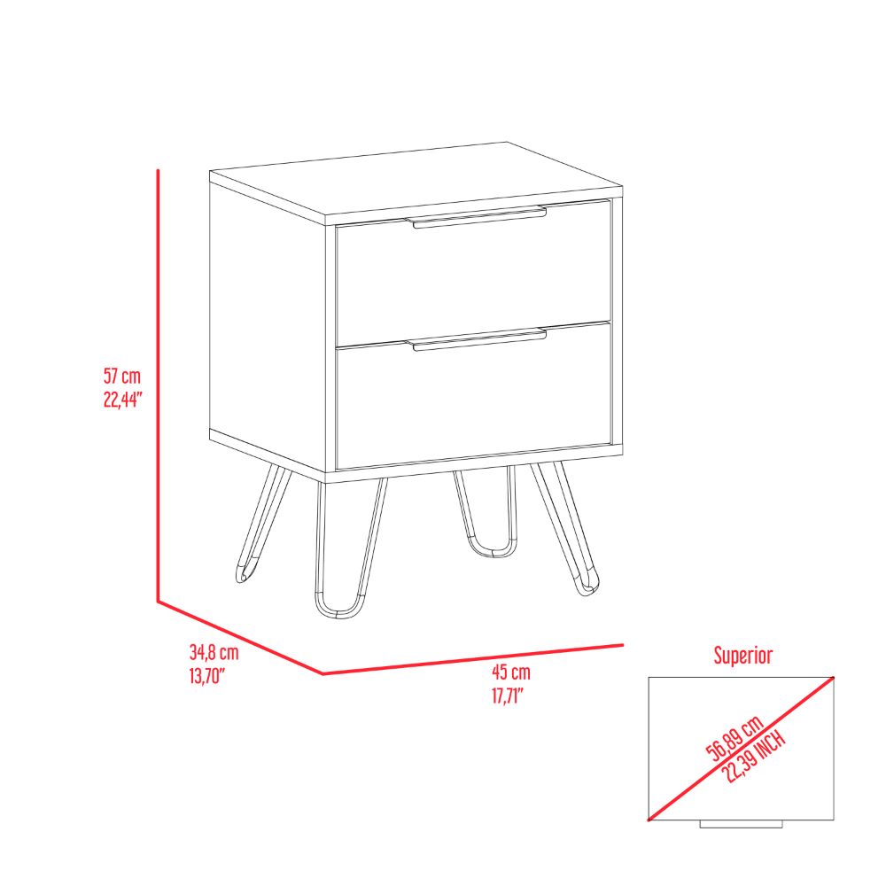 Kentia Nightstand, Hairpin Legs, Two Drawers