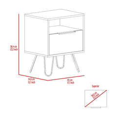 Begonia Nightstand, Two Shelves, Single Door Drawer, Hairpin Legs