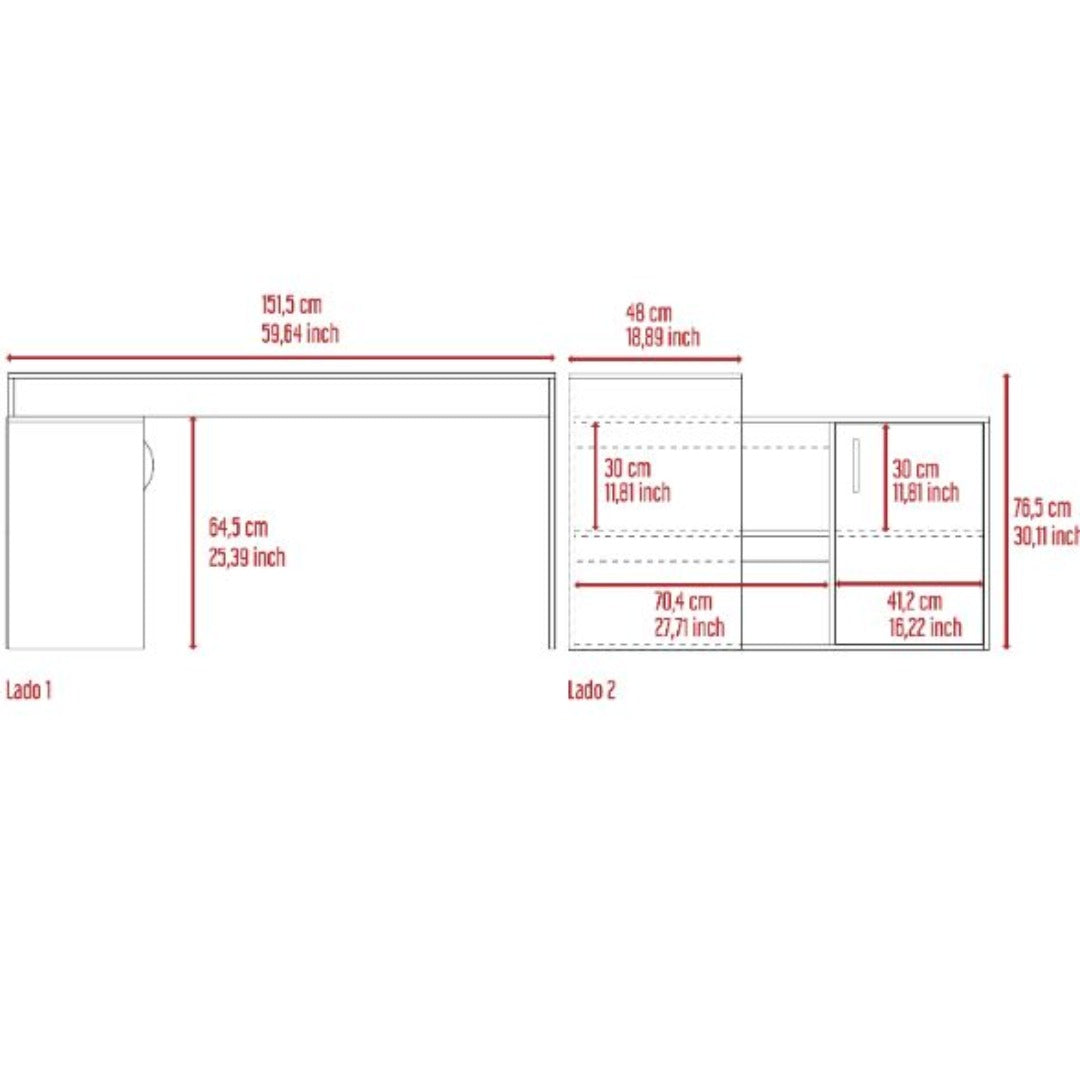 Rossi L-Shaped Desk, Two Interior Shelves, Single Door Cabinet, Two Open Shelves