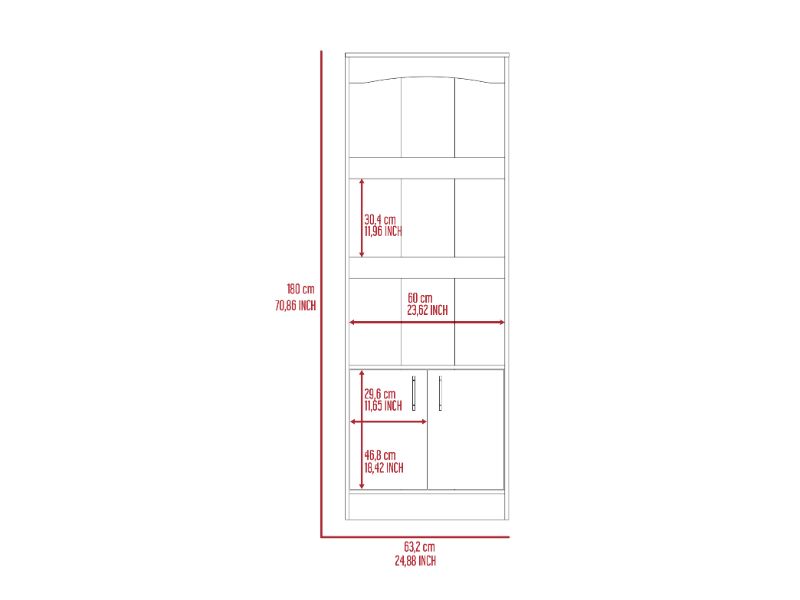 Dozza Bookcase, Three Shelves, Double Door Cabinet, Metal Hardware