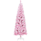 HOMCOM 6ft Tall Unlit Snow Flocked Artificial Christmas Tree Slim Pencil Xmas Tree with Pine Shape and Realistic Branches, Pink