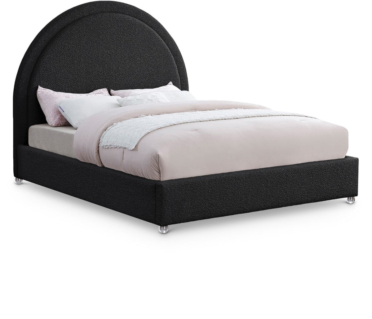 Milo Boucle Upholstered Bed with Elegant Rounded Headboard and Modern Acrylic Legs for Sophisticated Style