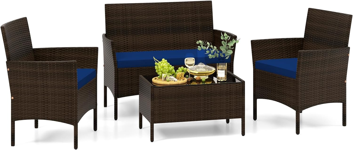 Tangkula 4/8 Piece Patio Rattan Conversation Set, Outdoor Wicker Furniture Set with Chair, Loveseat & Tempered Glass Table