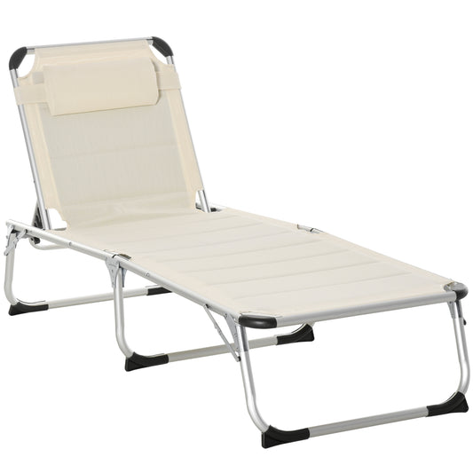 Outsunny Folding Lounger Chair Sun Lounger Chair Camping Bed Cot 4-Position Adjustable Back With Pillow For Patio Garden Beach Pool Cream
