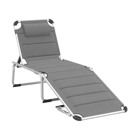 Outsunny 5-Position Adjustable Reclining Patio Lounger - Grey Folding Sun Chair with Pillow for Outdoor Use