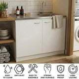 TUHOME Napoles Utility Sink Cabinet with Integrated Steel Sink, Double Door Storage, Interior Shelf and Durable Aluminum Countertop Offering Practical Organization and Functional Workspace.