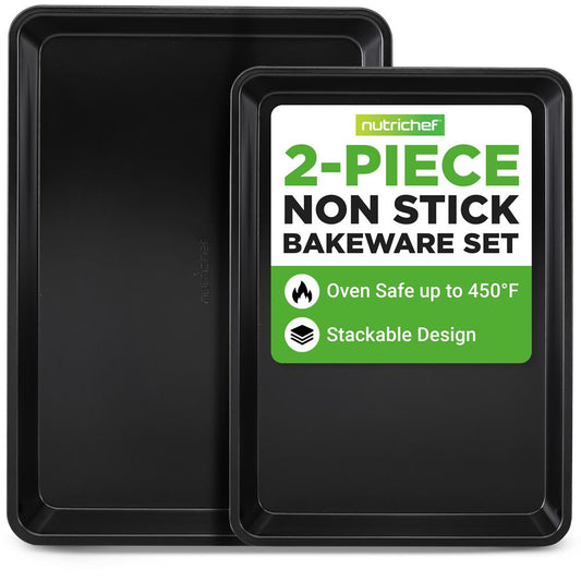 2-Pc. Nonstick Cookie Sheet Baking Pan - Professional Quality Kitchen Cooking Non-Stick Bake Trays With Black Coating Inside & Outside
