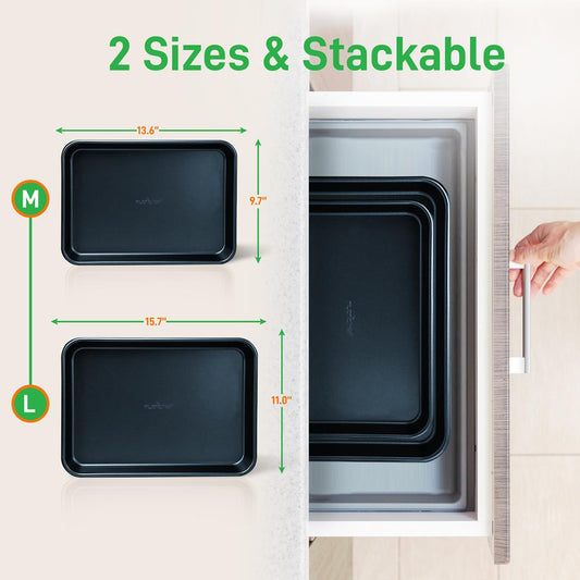 2-Pc. Nonstick Cookie Sheet Baking Pan - Professional Quality Kitchen Cooking Non-Stick Bake Trays With Blue Diamond Coating Inside & Outside