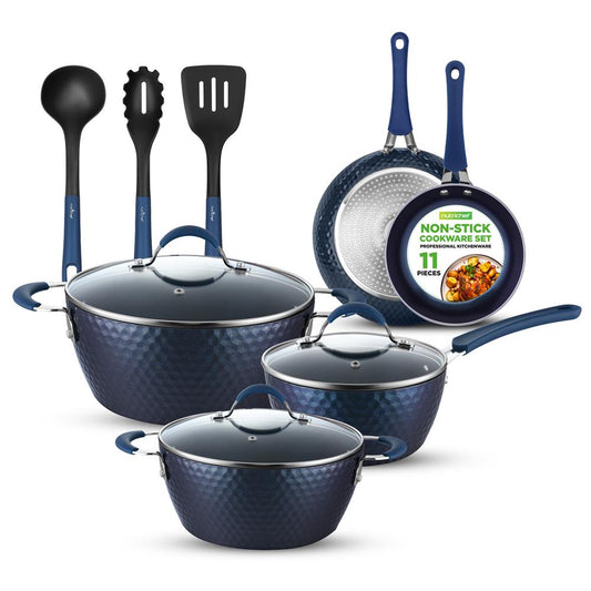 Kitchenware Pots & Pans - Stylish Kitchen Cookware Set With Elegant Diamond Pattern, Non-Stick (11-Piece Set)