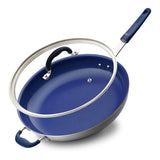14'' Non-Stick Fry Pan With Lid - Durable Pan With Silicone Handle, Ceramic Coating Inside And Heat-Resistant Outside
