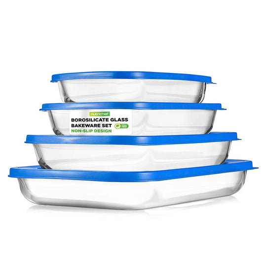 4 Sets Of High Borosilicate Rectangular Glass Bakeware Set With Pe Lid (Blue)