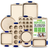 Kitchen Oven Baking Pans - Deluxe Nonstick Gold Coating Inside & Outside Carbon Steel Bakeware Set With Blue Silicone Handles (10-Pieces)