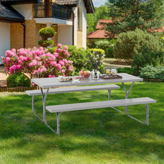 Tangkula 6 Ft Picnic Table, Outdoor Picnic Table with 2 Built-in Benches, Umbrella Hole, Metal Frame & HDPE Tabletop