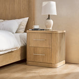 Modern Fluted Solid Wood Nightstand with USB with Oak Texture