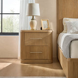 Modern Fluted Solid Wood Nightstand with USB with Oak Texture