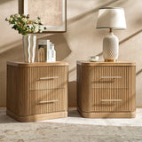 Modern Fluted Solid Wood Nightstand with USB with Oak Texture