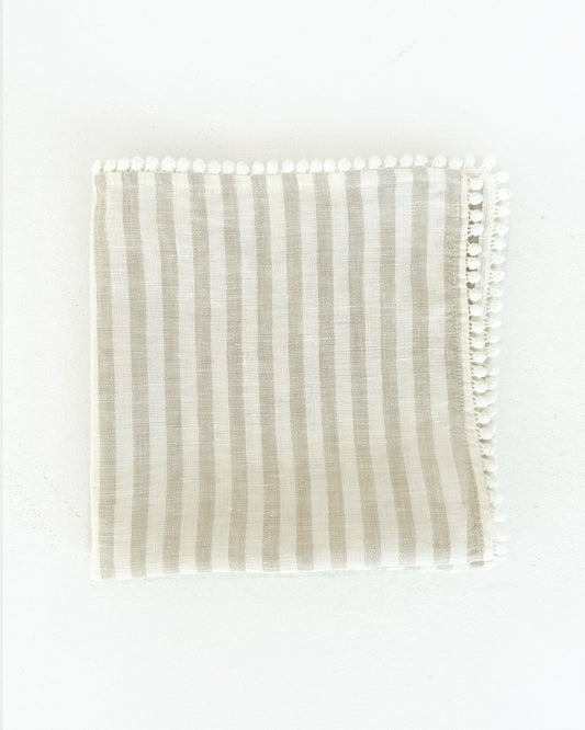 Pom pom trim linen napkin set of 2 Striped in natural