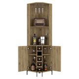 TUHOME Hans Corner Bar Cabinet with Five Built-In Wine Rack, Two Spacious Shelves, Cup Rack and Freestanding Home Bar Storage for Compact Corners, Modern Entertainment and Wine Organization
