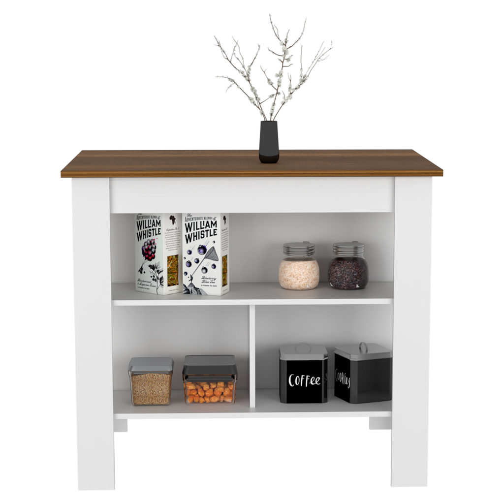 Delos Kitchen Island, Four Legs, Three Shelves