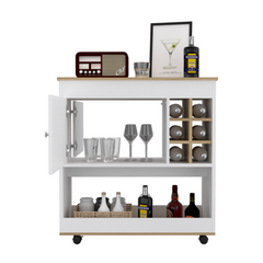 Lotus Bar Cart, Six Bottle Cubbies, One Cabinet, Four Casters