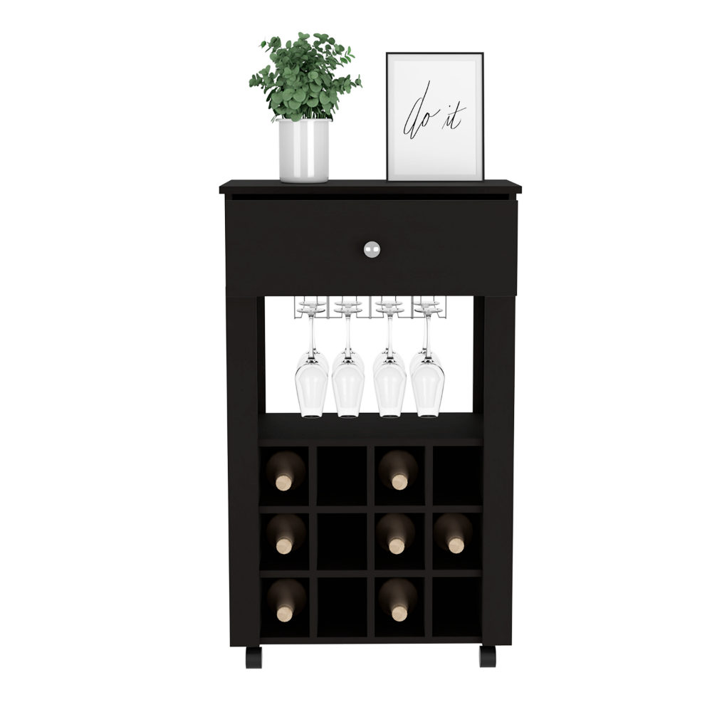 Margh Bar Cart, Twelve Wine Cubbies, One Open Shelf