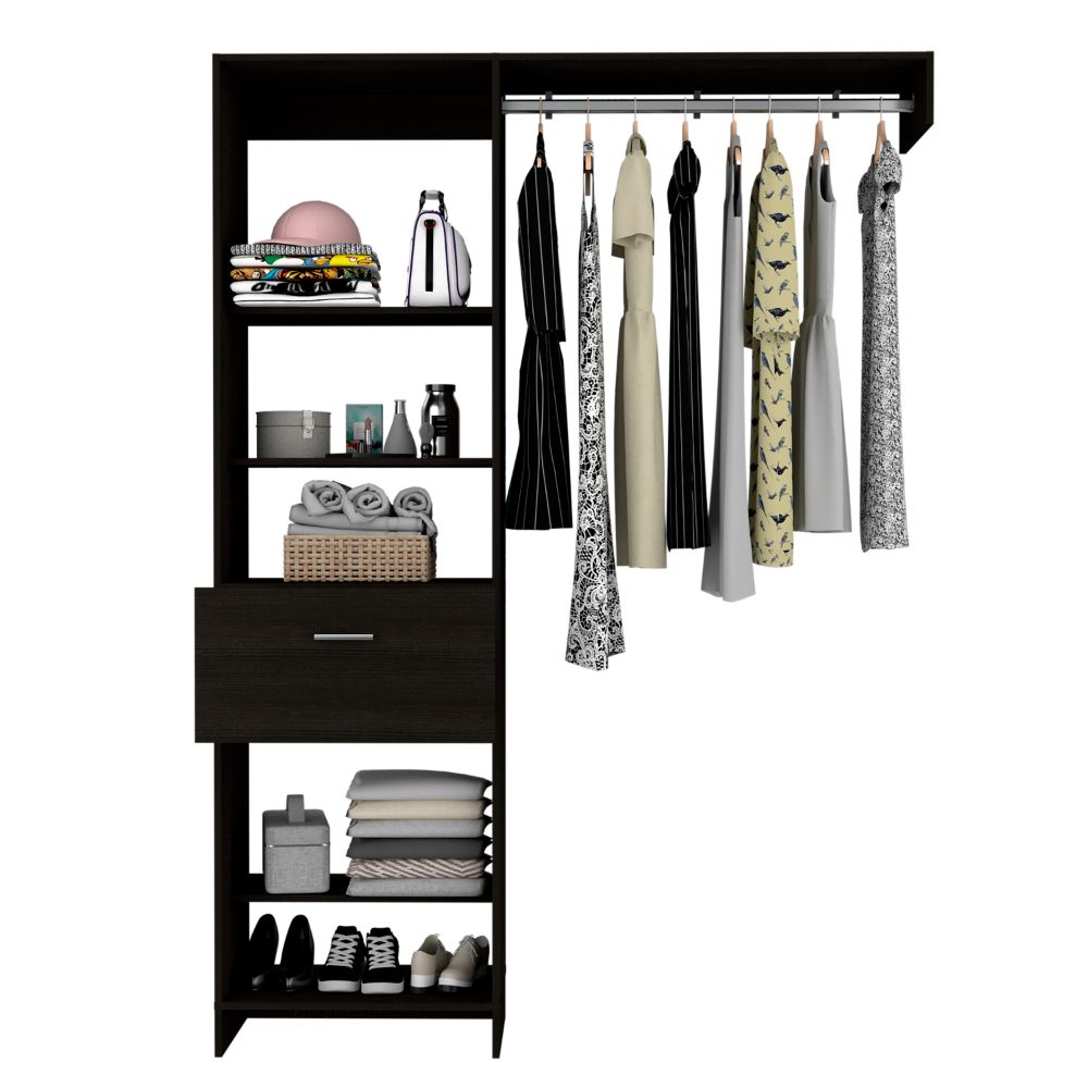 Dynamic Closet System, Five Open Shelves, One Drawer, One Metal Rod