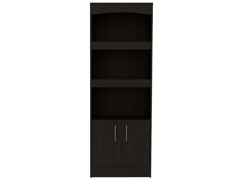 Dozza Bookcase, Three Shelves, Double Door Cabinet, Metal Hardware