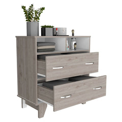 Gentile Double Drawer Dresser, Two Open Shelves, Superior Top