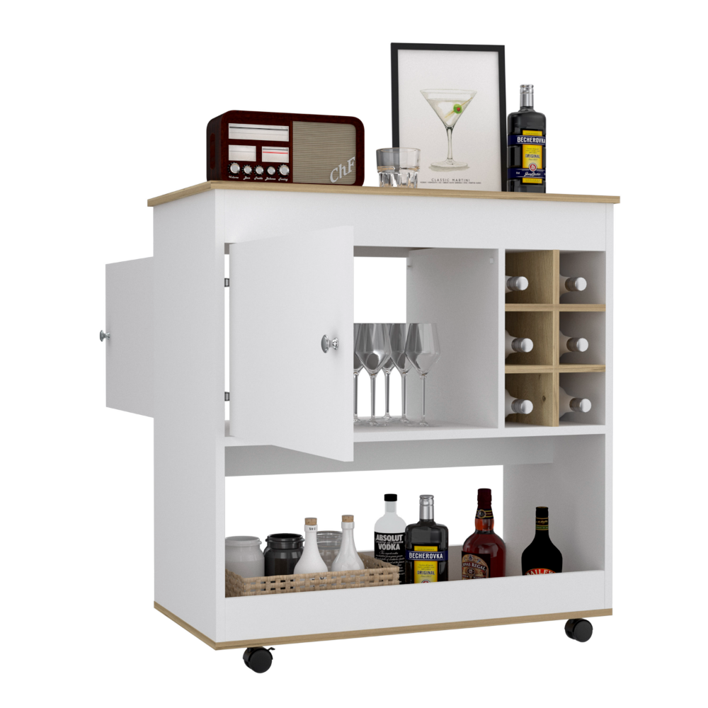 Lotus Bar Cart, Six Bottle Cubbies, One Cabinet, Four Casters