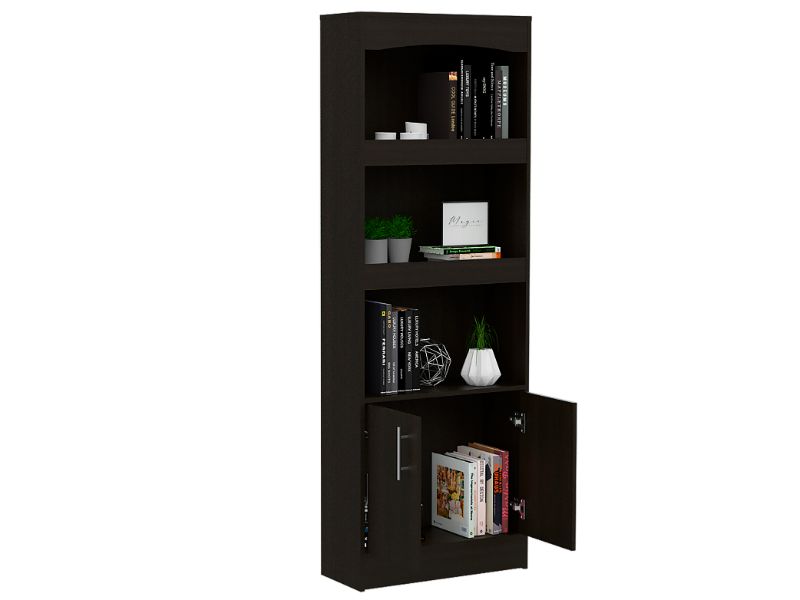 Dozza Bookcase, Three Shelves, Double Door Cabinet, Metal Hardware