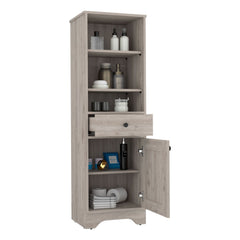 Norwalk Linen Single Door Cabinet, Three External Shelves, One Drawer, Two Interior Shelves