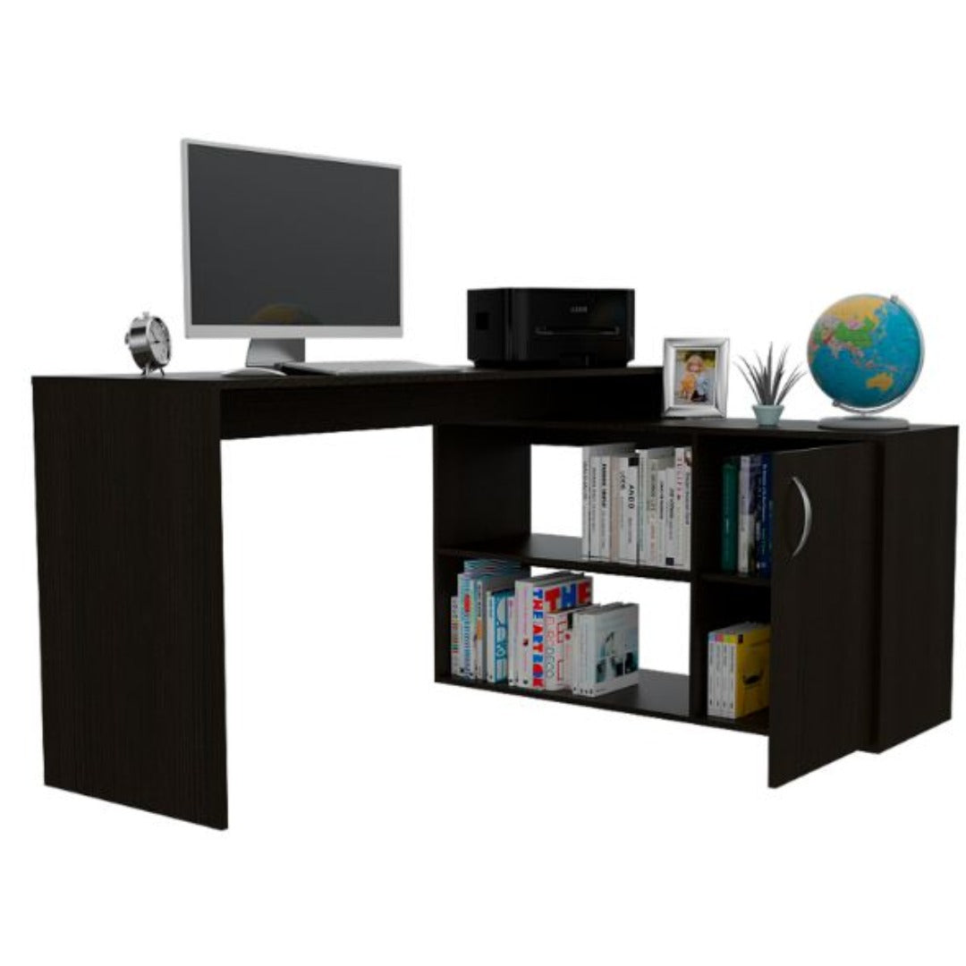 Rossi L-Shaped Desk, Two Interior Shelves, Single Door Cabinet, Two Open Shelves