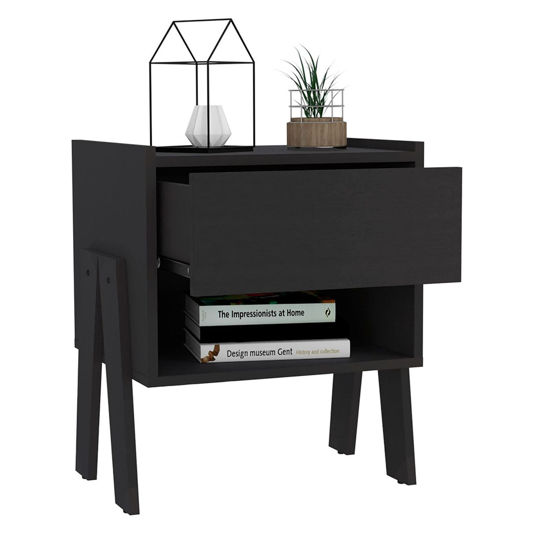 Joy Nightstand, Four Legs, Open Shelf, One Drawer