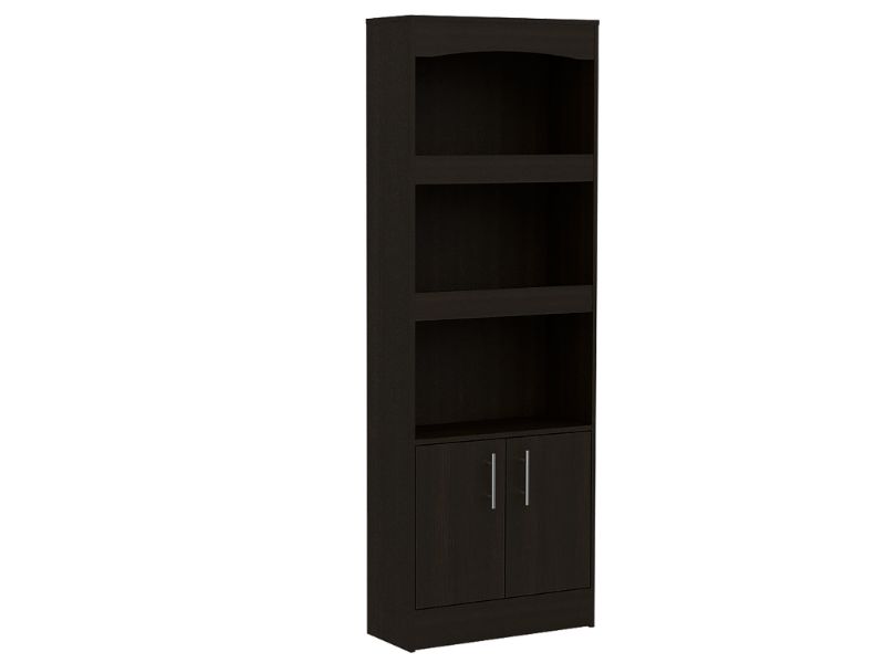 Dozza Bookcase, Three Shelves, Double Door Cabinet, Metal Hardware