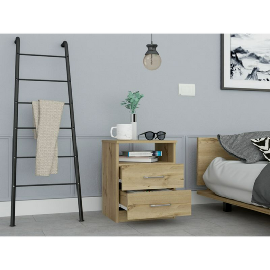 Tuhome Napoles Nightstand in Black with Two Drawers and Open Compartment, Modern Design for Bedroom or Living Room Storage