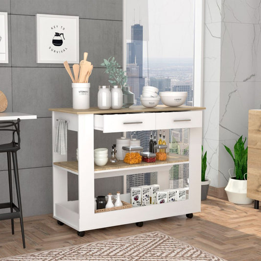 TUHOME Cala Kitchen Island with Spacious Tabletop, One Storage Drawer, Two Open Shelves, Integrated Towel Rack and Four Stable Legs Offering Practical Meal Prep Space and Modern Functional Organization for Any Kitchen