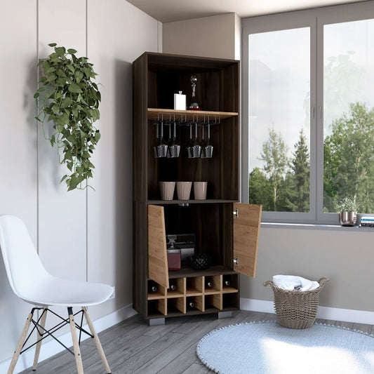 Tuhome Fraktal Corner Bar Cabinet with Ten Built-In Wine Rack Compartments, Two Spacious Display Shelves, Double Door Storage Cabinet and Cup Rack, Space-Saving Freestanding Bar for Home Entertainment