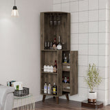 Tuhome Cincinatti Corner Bar Cabinet with Superior Top Shelf, Cup Rack, One Drawer, Two External Shelves and Four-Leg Freestanding Design for Home Bar Storage, Cocktail Organization and Space-Saving Display