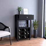 Memphis Bar Cart with Twelve Built-In Wine Rack Cubbies, Smooth-Glide Storage Drawer, Open Display Space and Mobile Caster Wheels for Organized Home Entertaining, Wine Storage and Modern Beverage Service Convenience
