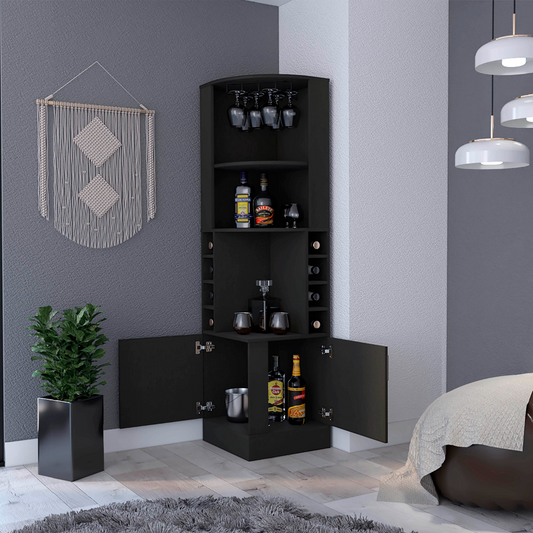 Tuhome Kava Being Corner Bar Cabinet with Glass Rack, Double Door Storage, Eight Bottle Wine Rack, Vertical Space-Saving Bar Furniture for Home Entertaining and Modern Organization