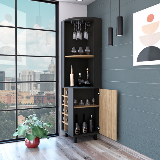 Tuhome Kaia 70-Inch Tall Corner Bar Cabinet with Built-In Wine Storage, Ten Bottle Cubbies, Four Shelves, Stemware Rack, Space-Saving Home Bar Furniture for Living Room or Dining Room Organization