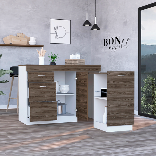 Grecia Kitchen Base Cabinet with Spacious Countertop, Three Storage Drawers, Flexible Interior Cabinet with Shelves and Modern Space-Saving Design for Organizing Cookware, Utensils and Everyday Kitchen Essentials