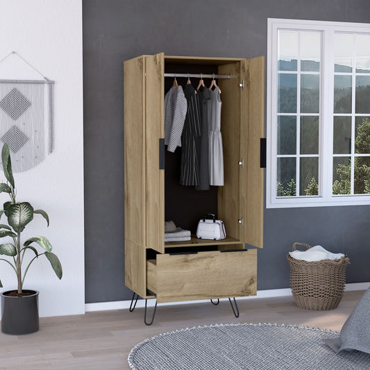 Tuhome Augusta Armoire Closet with Double Door Cabinet, Spacious Hanging Rod Storage, Large Lower Drawer and Interior Shelf, Modern Bedroom Wardrobe Organizer for Clothes, Accessories and Daily Essentials