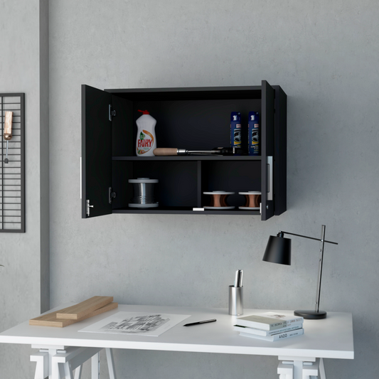 Tuhome Wall Mounted Storage Cabinet with Double Door, Three Interior Shelves, Lockable Design for Office, Garage, Laundry or Utility Room Organization, Modern Space-Saving Wall Cabinet for Secure and Practical Storage