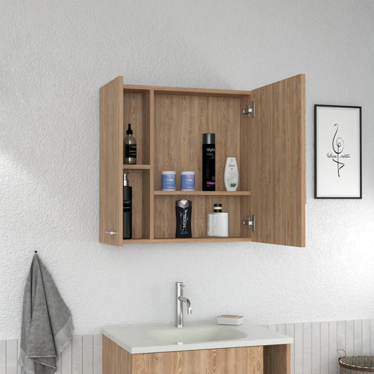 Tuhome Sines Mirror Medicine Cabinet with Double Door, Four Interior Shelves, Humidity-Resistant Bathroom Storage, Wall Mounted Organizer for Toiletries, Essentials and Daily Use Items in Compact Minimalist Design