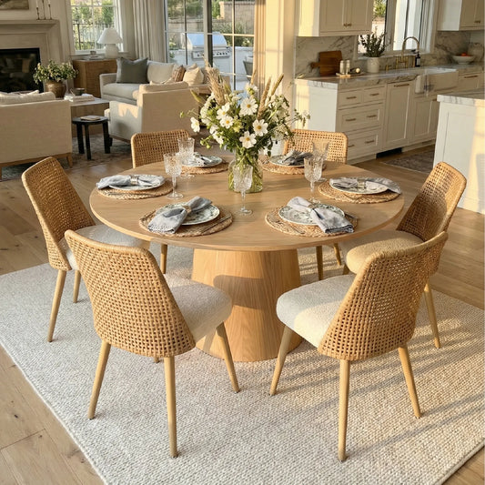 Orchid & Nice 60" Solid Oak Round Dining Table Set for 6 (7-Piece)