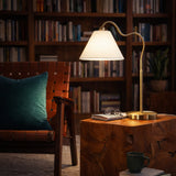 Ornate Brass Ring Base Curved Table Lamp with Triangle White Drum Shade