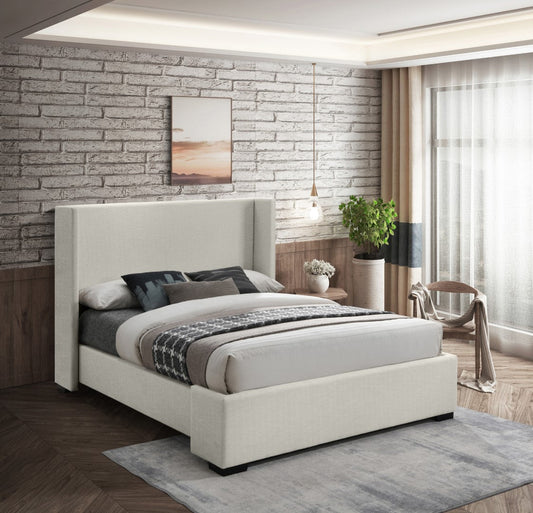 Oxford Mid Century Modern Wingback Bed with Elegant Linen Upholstery and Espresso Legs for Style